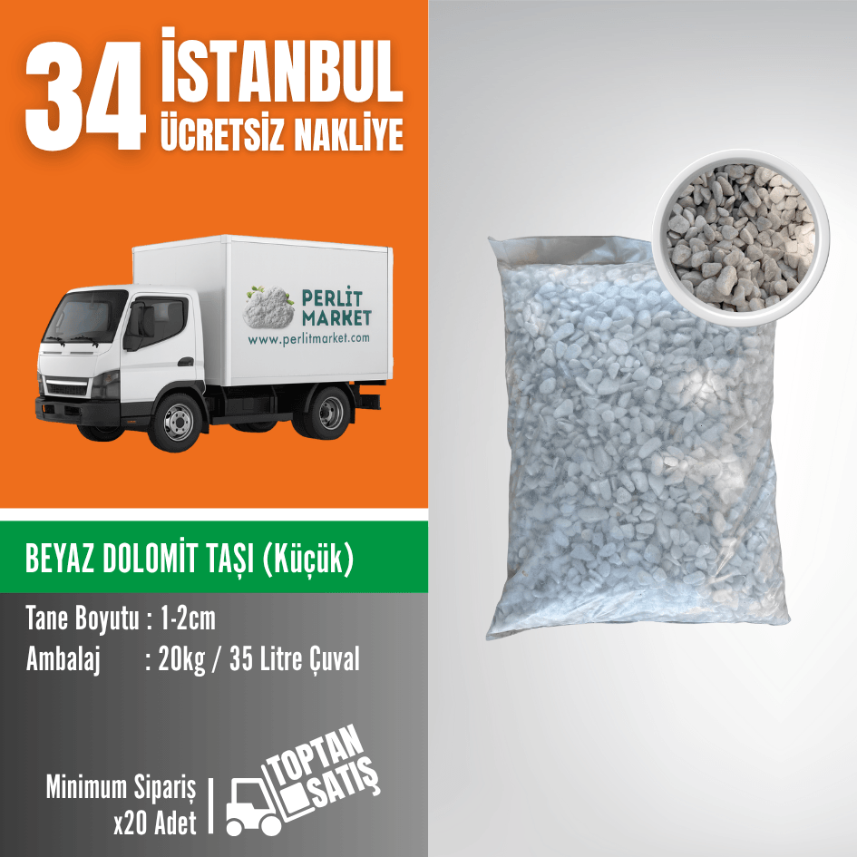 1–2 cm Beyaz Dolomit Taşı | 35 Litre (20 kg) – İstanbul Nakliye Dahil